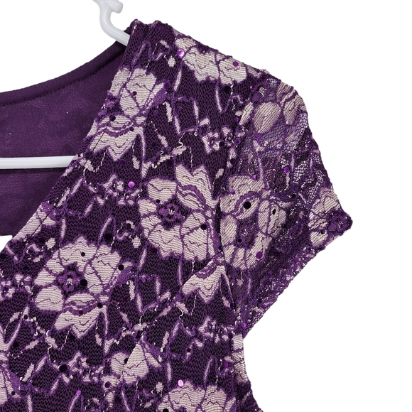 Candalite Women's Stretch Lace Tulle Godet V-Neck Tie Waist Prom Dress - MP - Picture 2 of 7